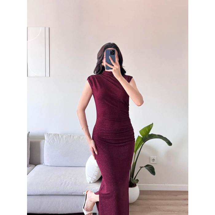 Dik Yaka Simli Elbise - BORDO