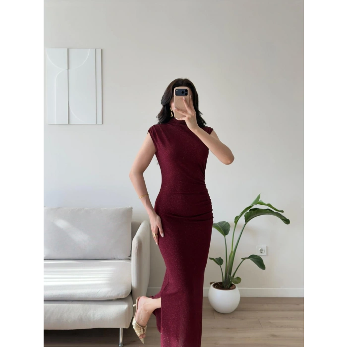 Drapeli Simli Long Elbise - BORDO