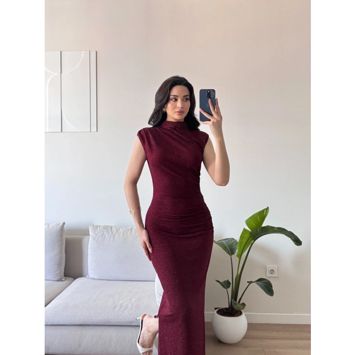 Dik Yaka Simli Elbise - BORDO