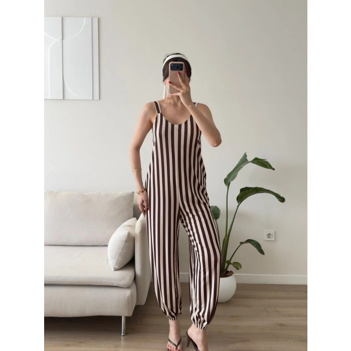 Dikine Çizgili Askılı Tulum - KAHVE