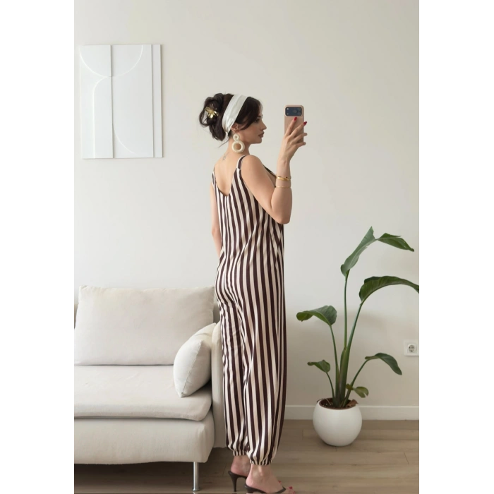 Dikine Çizgili Askılı Tulum - KAHVE