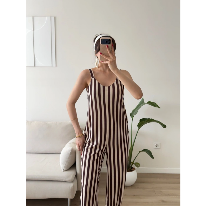 Dikine Çizgili Askılı Tulum - KAHVE