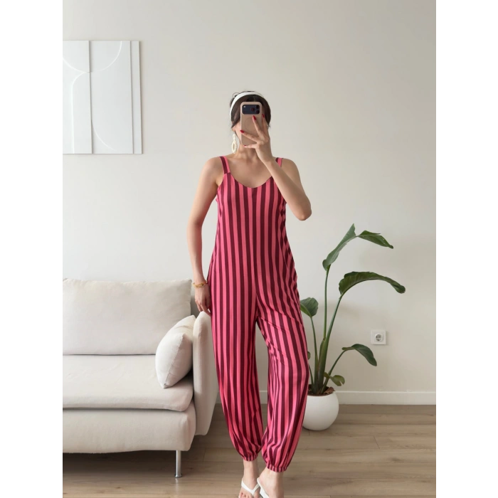 Dikine Çizgili Askılı Tulum - PEMBE