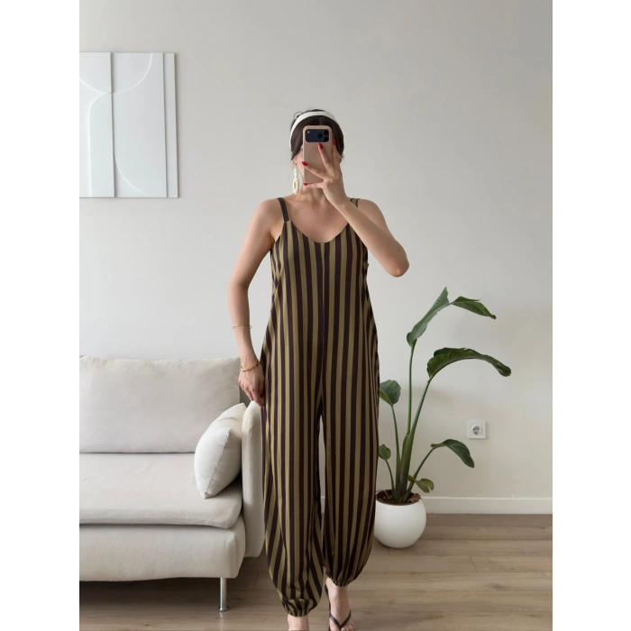 Dikine Çizgili Askılı Tulum - YEŞİL