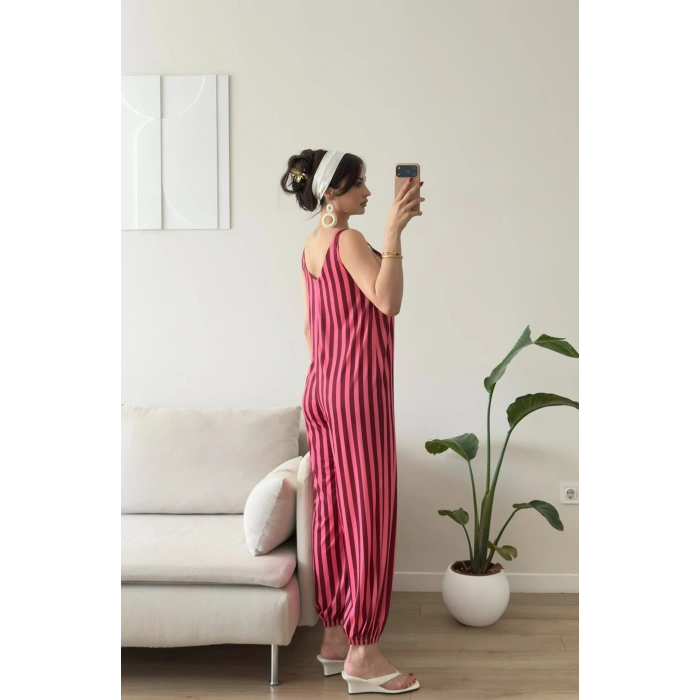 Dikine Çizgili Askılı Tulum - PEMBE