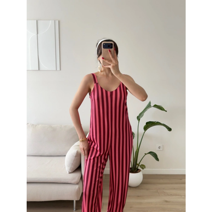 Dikine Çizgili Askılı Tulum - PEMBE