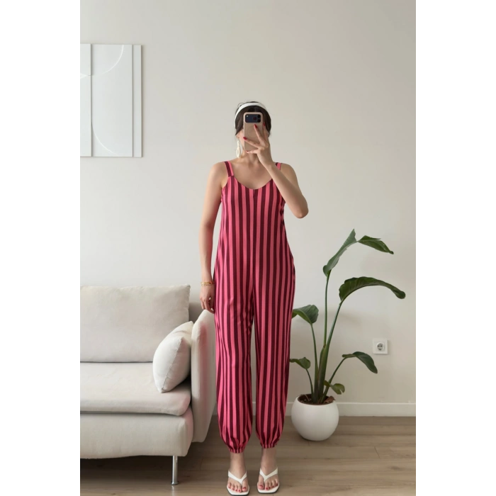 Dikine Çizgili Askılı Tulum - PEMBE