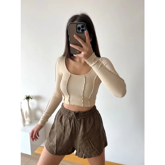 Dikiş Detay Crop Bluz-BEJ