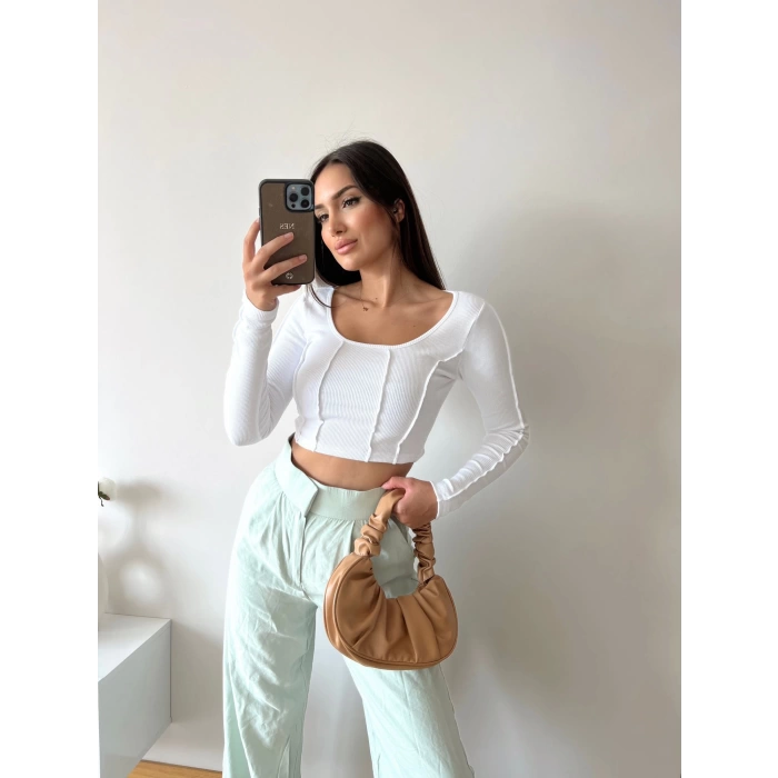 Dikiş Detay Crop Bluz-BEYAZ