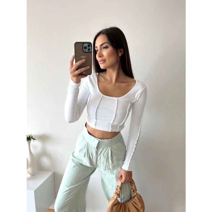 Dikiş Detay Crop Bluz-BEYAZ
