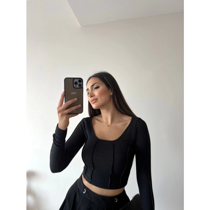 Dikiş Detay Crop Bluz-SİYAH