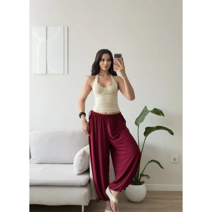 Dökümlü Balon Pantolon - BORDO