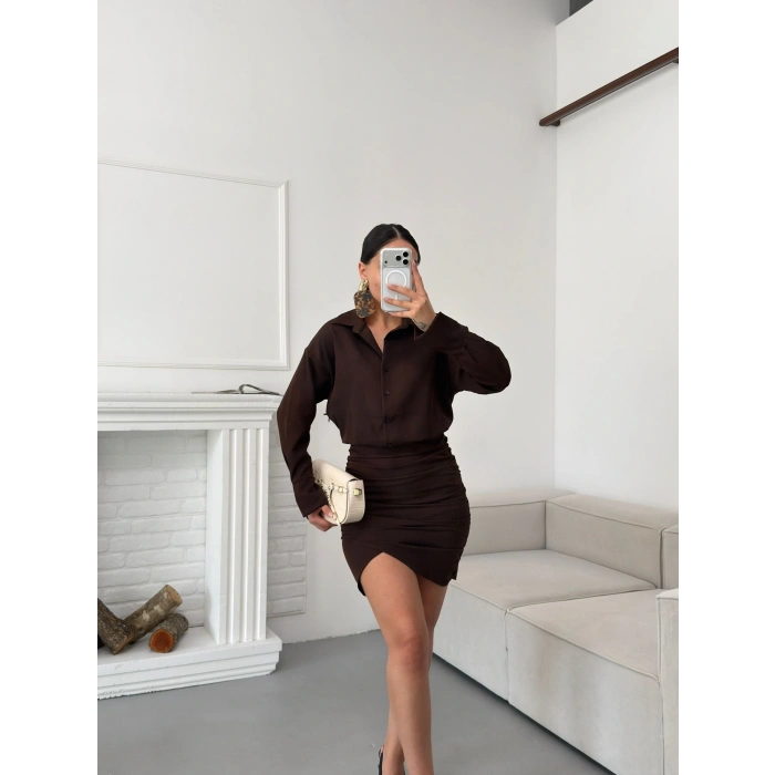 Double Gömlek Elbise - KAHVE