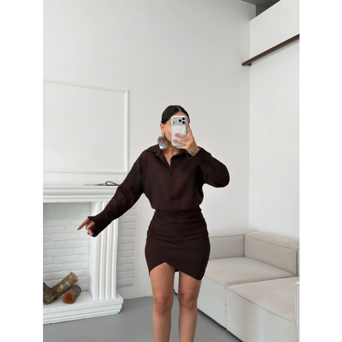 Double Gömlek Elbise - KAHVE