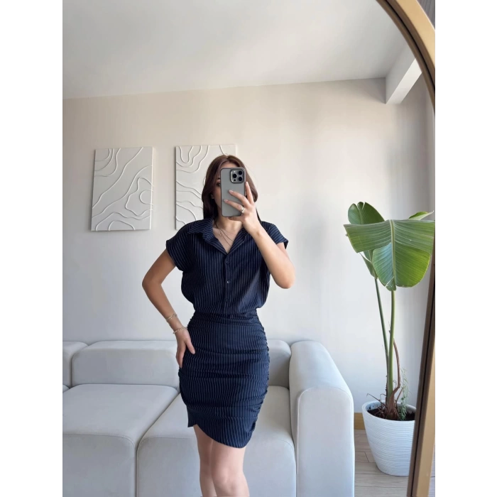 Double Gömlek Elbise - LACİVERT