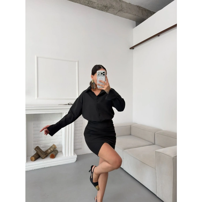 Double Gömlek Elbise - SİYAH