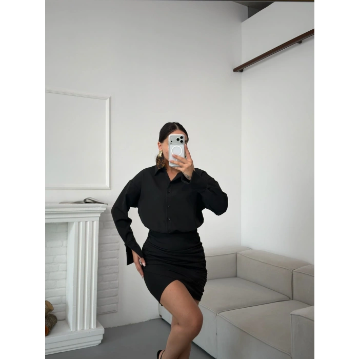 Double Gömlek Elbise - SİYAH