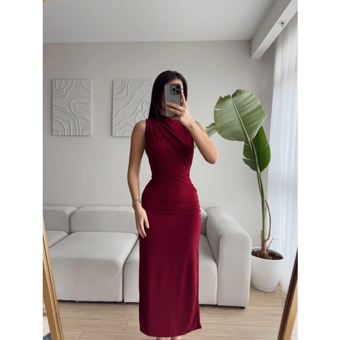Drapeli Bel Büzgülü Elbise - BORDO