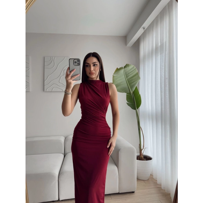 Drapeli Bel Büzgülü Elbise - BORDO