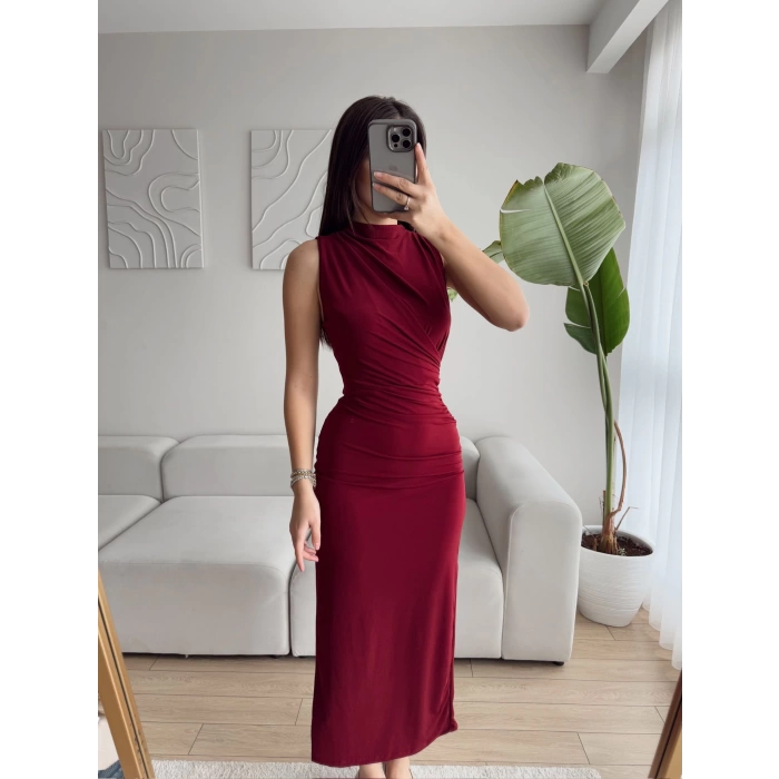Drapeli Bel Büzgülü Elbise - BORDO