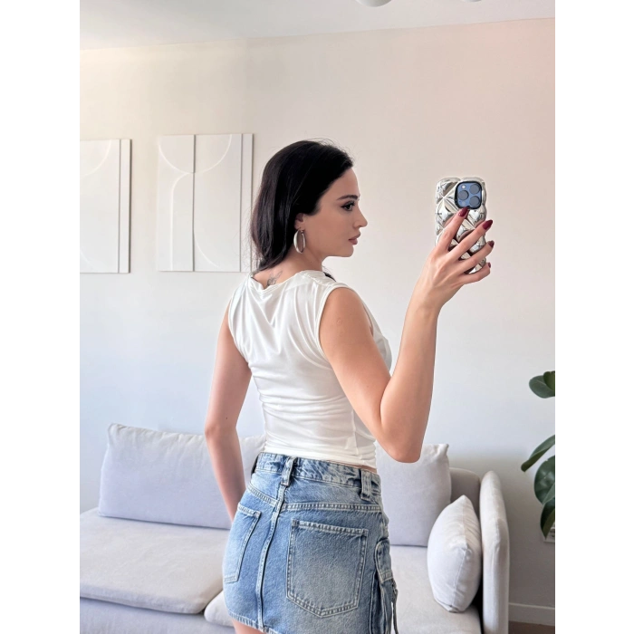 Drapeli Kolsuz Bluz - BEYAZ