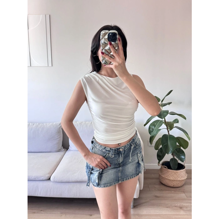 Drapeli Kolsuz Bluz - BEYAZ