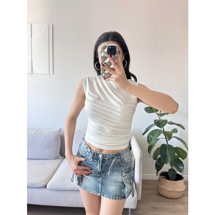 Drapeli Kolsuz Bluz - BEYAZ