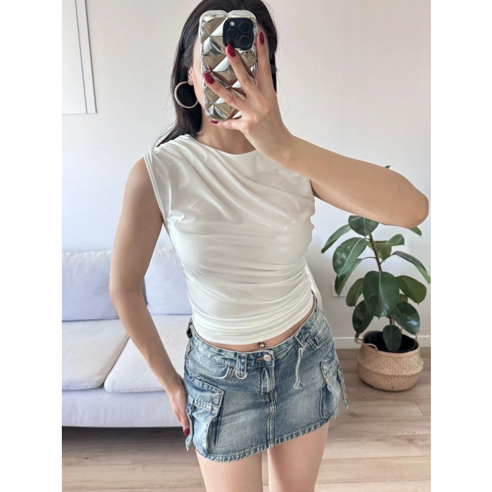 Drapeli Kolsuz Bluz - BEYAZ