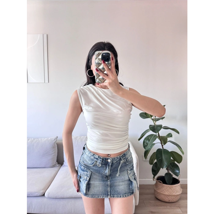 Drapeli Kolsuz Bluz - BEYAZ