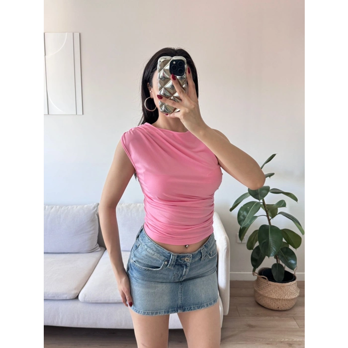 Drapeli Kolsuz Bluz - PEMBE