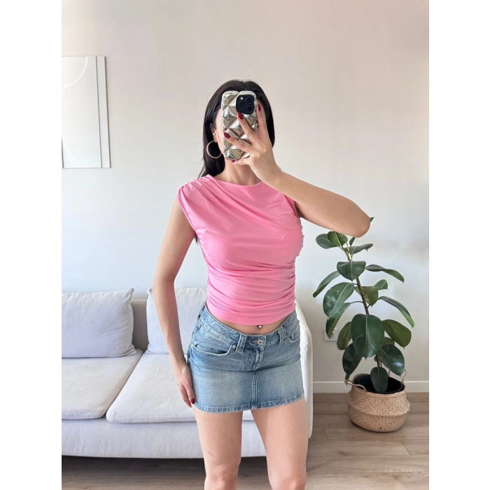 Drapeli Kolsuz Bluz - PEMBE