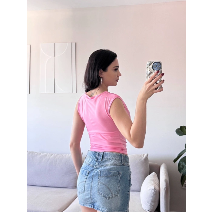 Drapeli Kolsuz Bluz - PEMBE