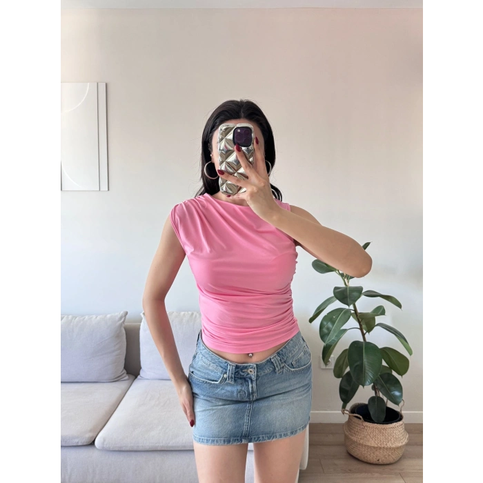 Drapeli Kolsuz Bluz - PEMBE