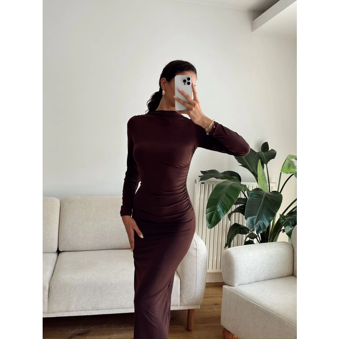 Yan Drapeli Long Elbise - KAHVE