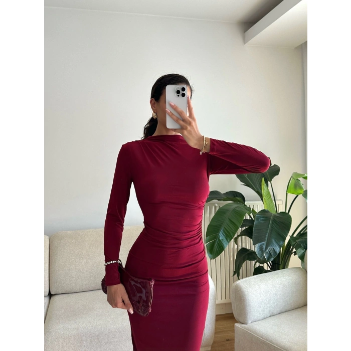 Yan Drapeli Long Elbise - BORDO