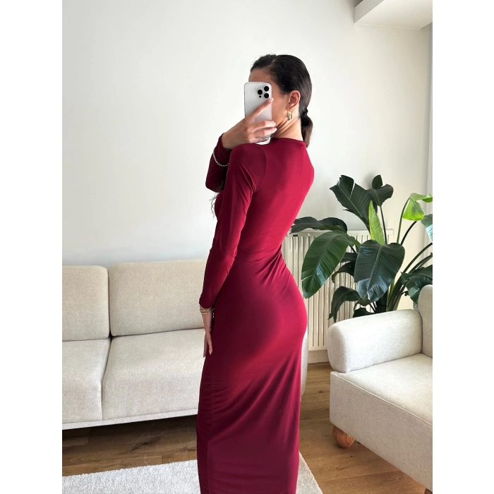 Yan Drapeli Long Elbise - BORDO