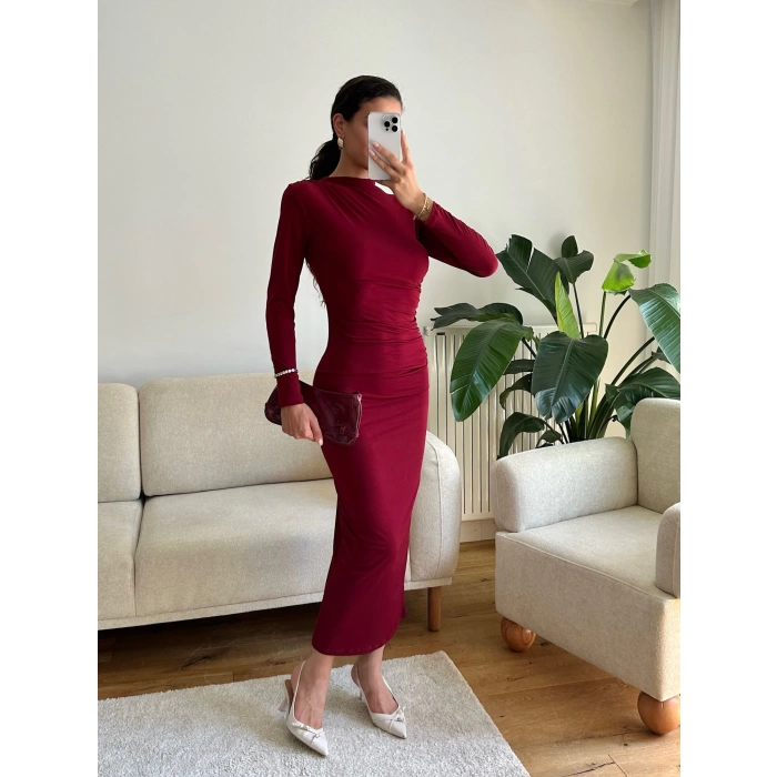 Yan Drapeli Long Elbise - BORDO