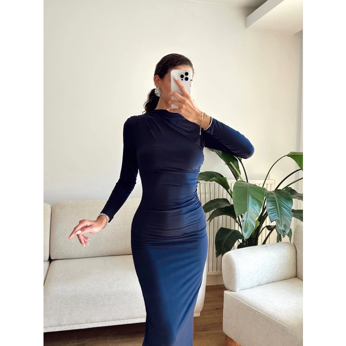 Yan Drapeli Long Elbise - LACİVERT