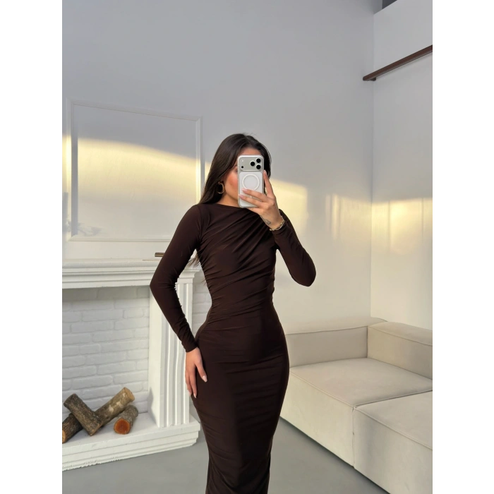 Drapeli Long Elbise - KAHVE