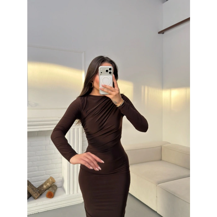 Drapeli Long Elbise - KAHVE