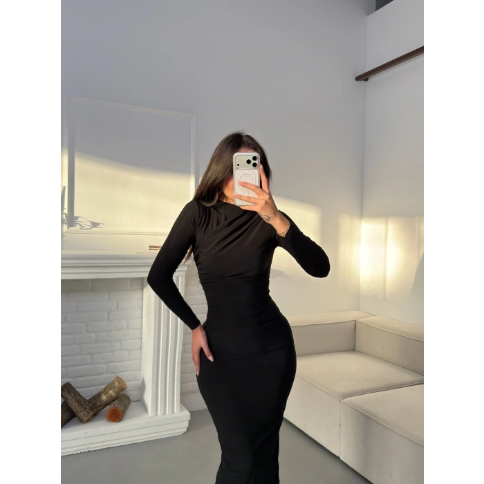 Drapeli Long Elbise - SİYAH