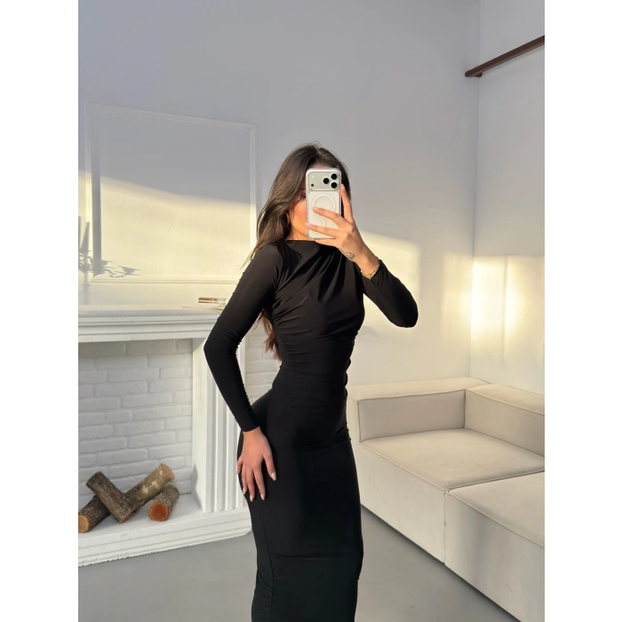 Drapeli Long Elbise - SİYAH