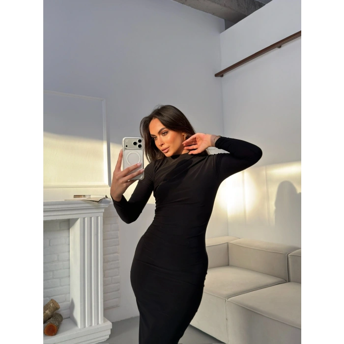 Drapeli Long Elbise - SİYAH