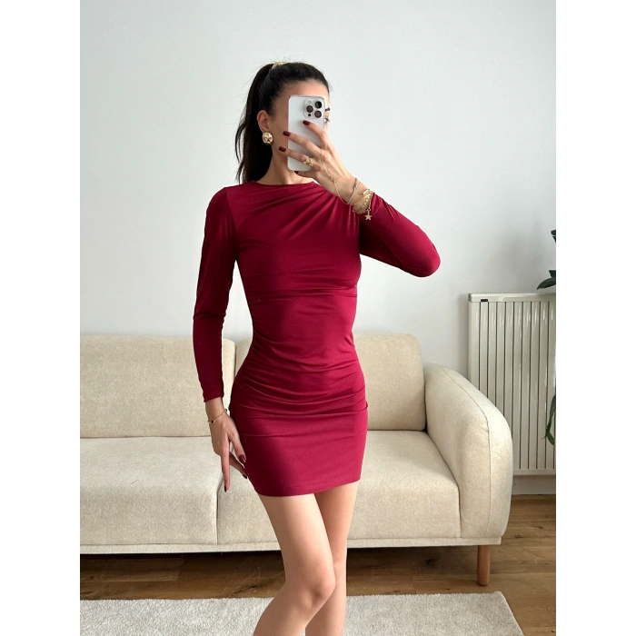 Drapeli Mini Elbise - BORDO