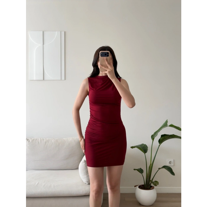 Drapeli Mini Elbise - BORDO