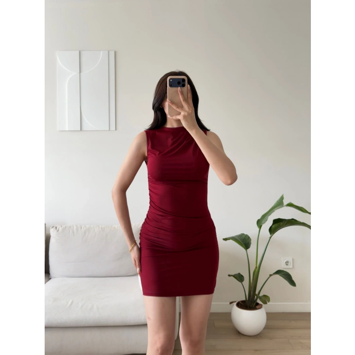 Drapeli Mini Elbise - BORDO