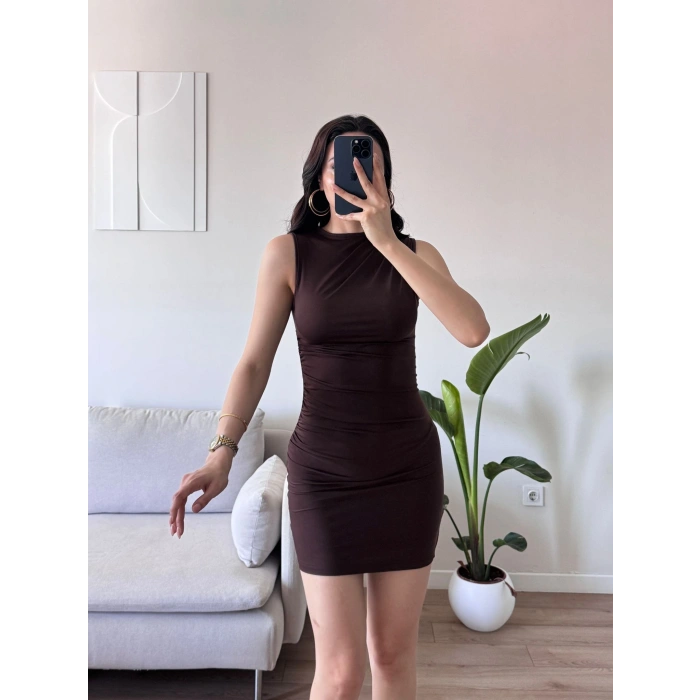 Drapeli Mini Elbise - KAHVE