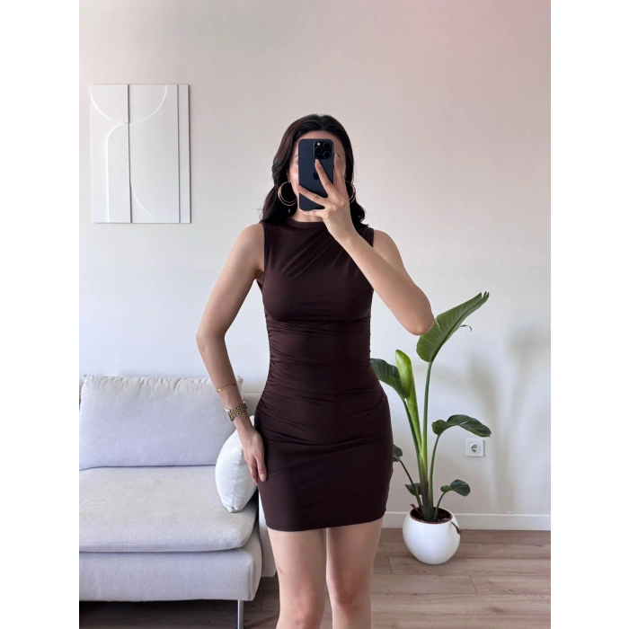 Drapeli Mini Elbise - KAHVE