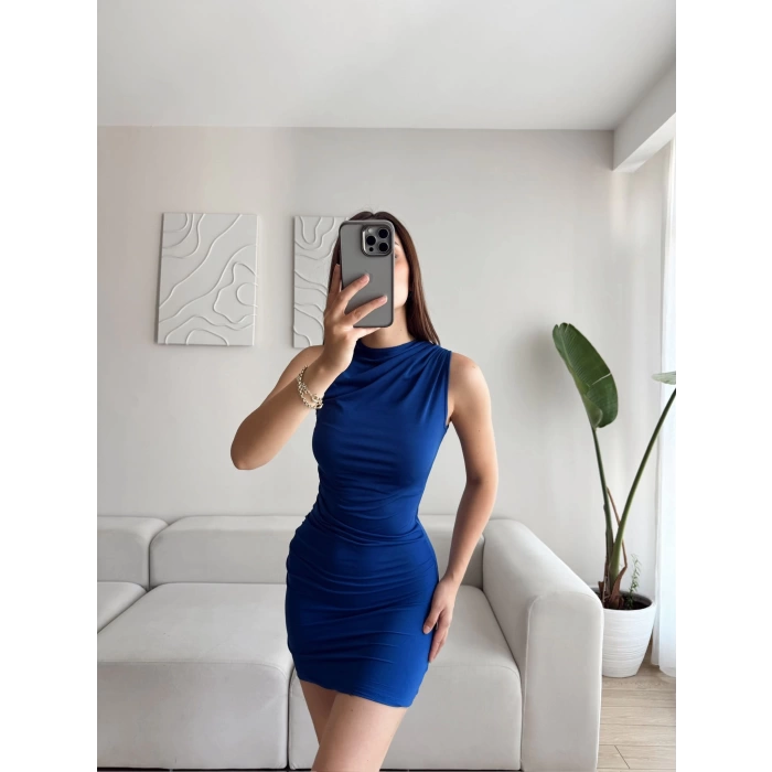 Drapeli Mini Elbise - SAKS MAVİSİ