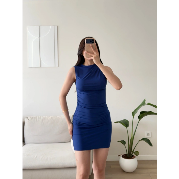 Drapeli Mini Elbise - SAKS MAVİSİ